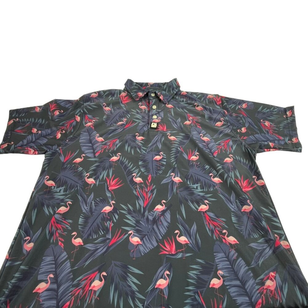 Greater Half‎ Golf Polo Shirt Sz Medium Mens Blue Flamingo Print Performance